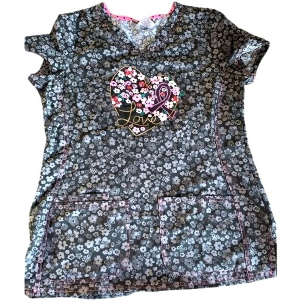 Heartsoul Floral Print Nursing Scrub Top With Love Heart & Pink Ribbon Design M